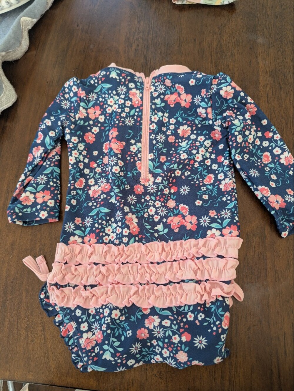 Navy Floral Ruffle One-Piece Swimsuit with Pink Accents